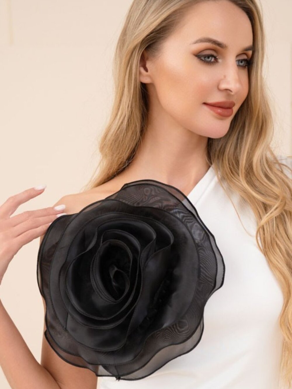 Black Bold Oversized Organza Rose Brooch Pin / Hair Clip Statement Corsage 11"